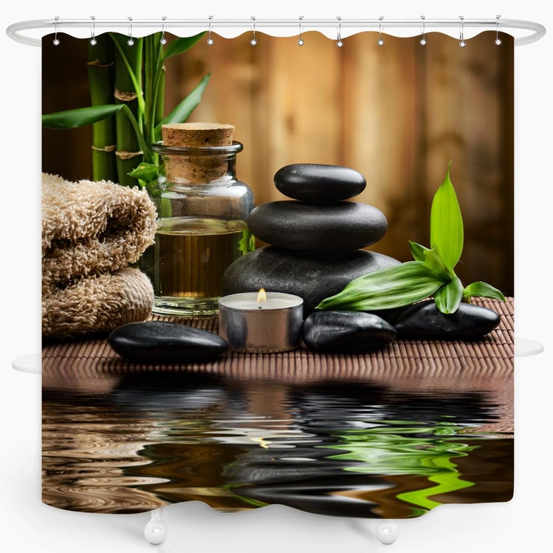 ZXMBF Zen Spa Shower Curtain Basalt Stones Herbal Oil Scent Candles Bamboo and Water Reflection Relaxing Meditation Home DÃ©cor Waterproof Fabric 72x72 Inch Plastic Hooks 12PCS - Image 3